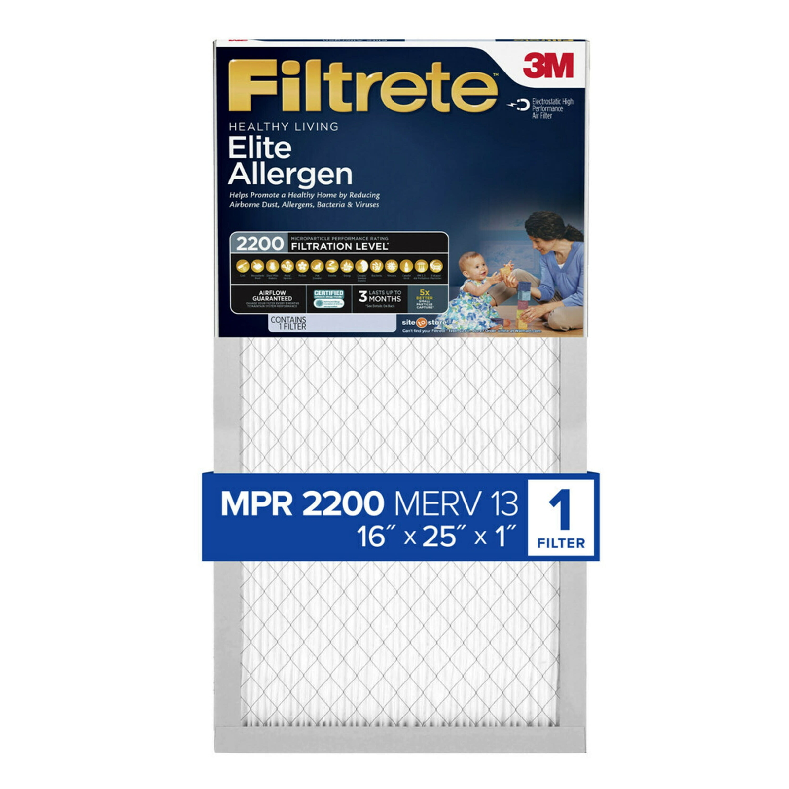16x25x1 Air Filter, MPR 2200 MERV 13, Elite Allergen Reducti