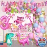 Pink Three Dino Rex Birthday Party Decorations Dinosaur 3rd Birthday Décorations Three inspired Rex Birthday Party Supplies include balloon backdrop knive fork spoon plate napkin cup tablecloth