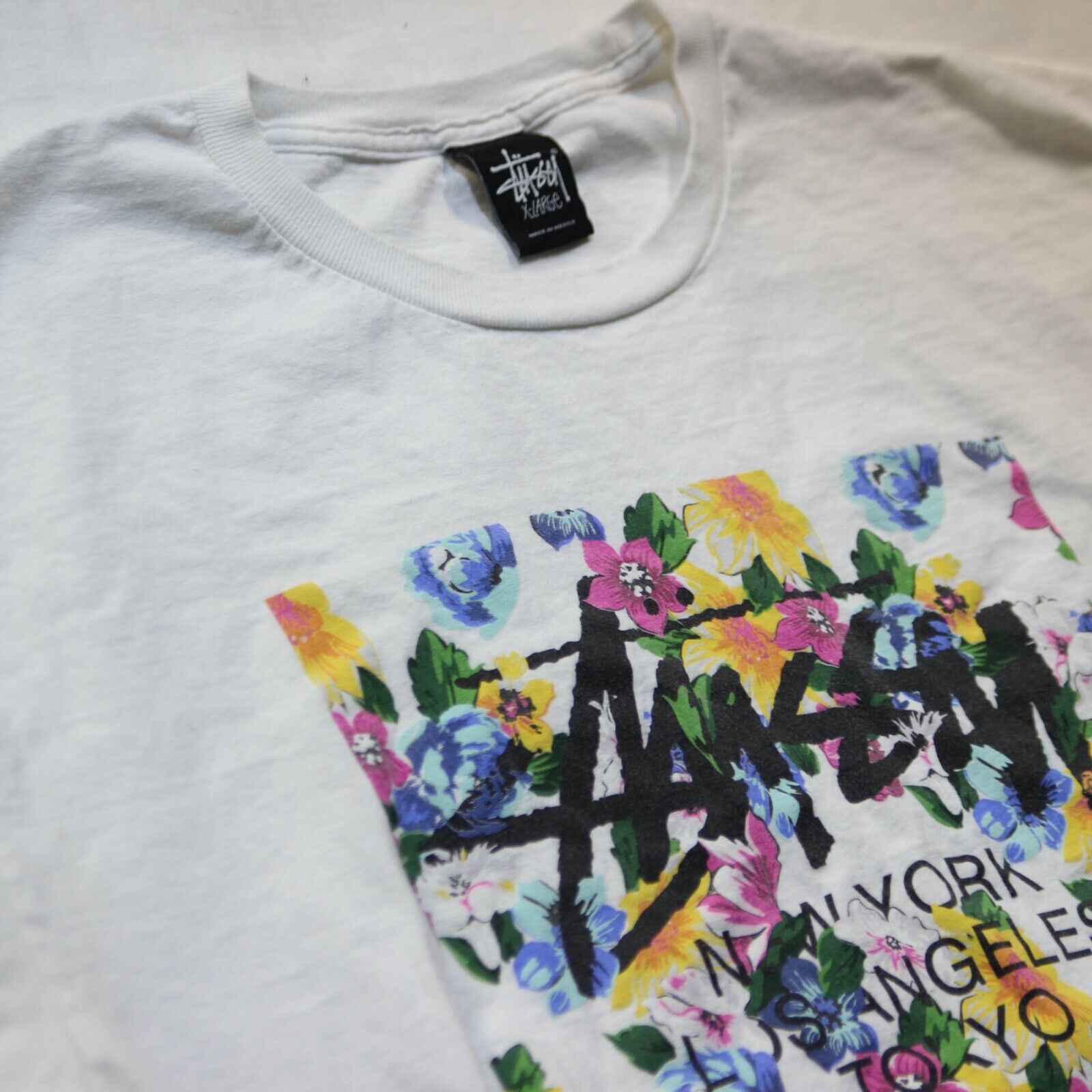 Stussy World Tour NY LA Floral Flower Block T Shirt Script Stussy World Tour NY LA Floral Flower Block T Shirt Script