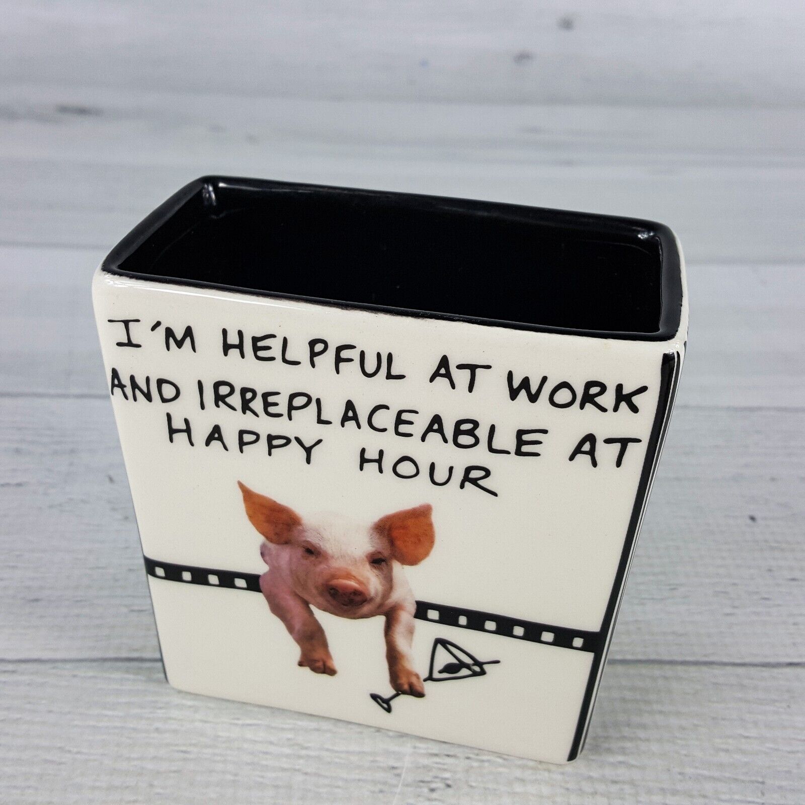 Ceramic Desk Pencil Cup Catchall I'm Helpful at Work Happy Hour w Martini Pig