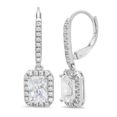 Pre-owned Pucci 3.37ct Simulated Diamond Emerald Halo Lever Back Drop Earrings 14k White Gold