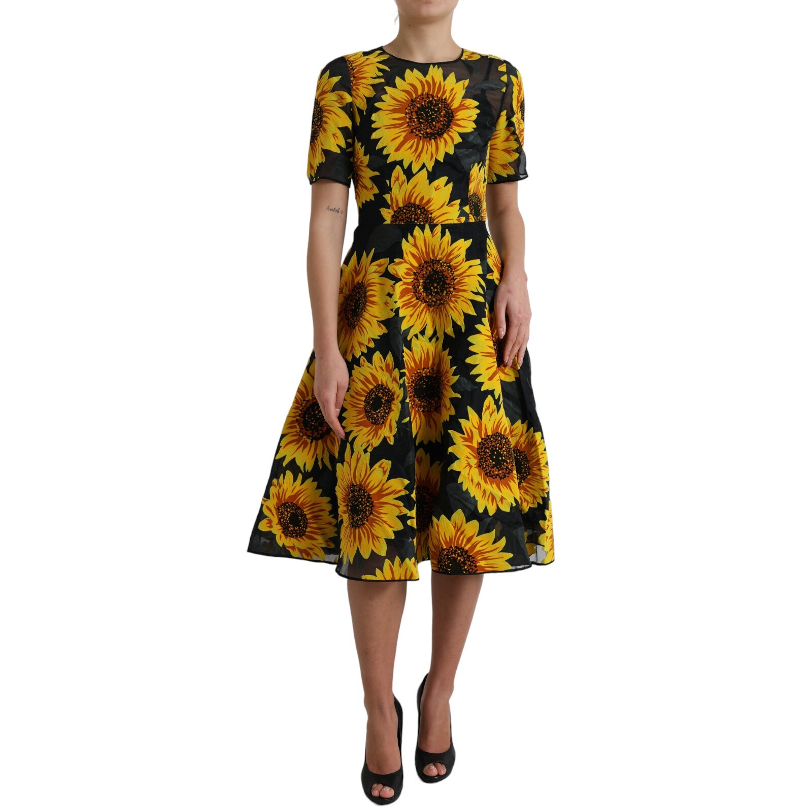 DOLCE & GABBANA Dress Black Sunflower Print Nylon A-line