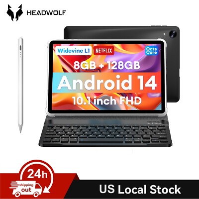 Headwolf 10.1'' Android 14 Tablet set 8GB RAM 128GB FHD PC with Keyboard & Stylus