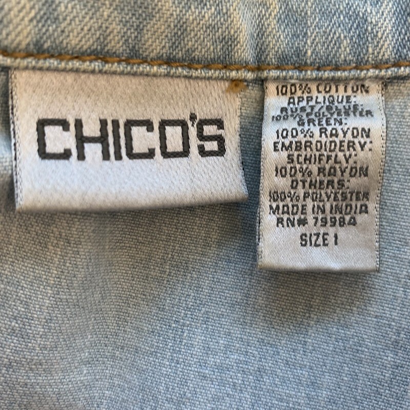Chico&rsquo;s denim jacket SZ 1 Medium - lightweight distressed embroidered floral