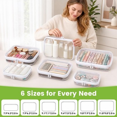 Roiatih 2-Pack Clear Hard Shell Zipper Case With Lids | 2 Multi-Size Organizers, Stackable,Zipper Pouches Hard Shell for Cosmetics, Charging Cables, Sketch Supplies