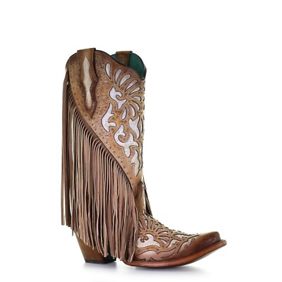 Pre-owned Corral Boots Corral Ladies Saddle Brown Lamb Inlay Embroidery & Fringe Boots C3766