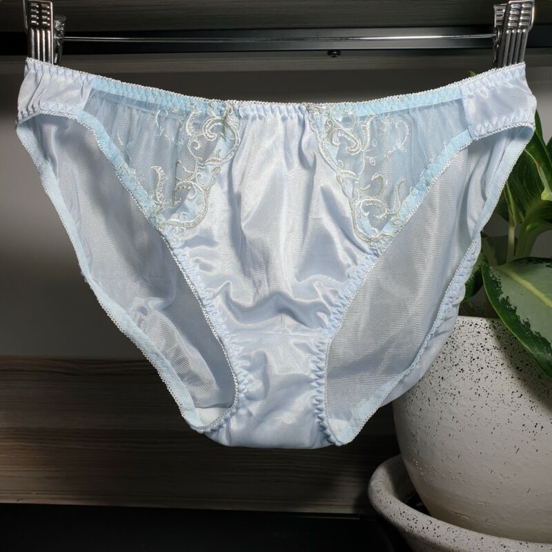 Vintage Blue Panties Nylon Lace Silky Bikini Underwear Size 5L or 9 Hip 44-48"
