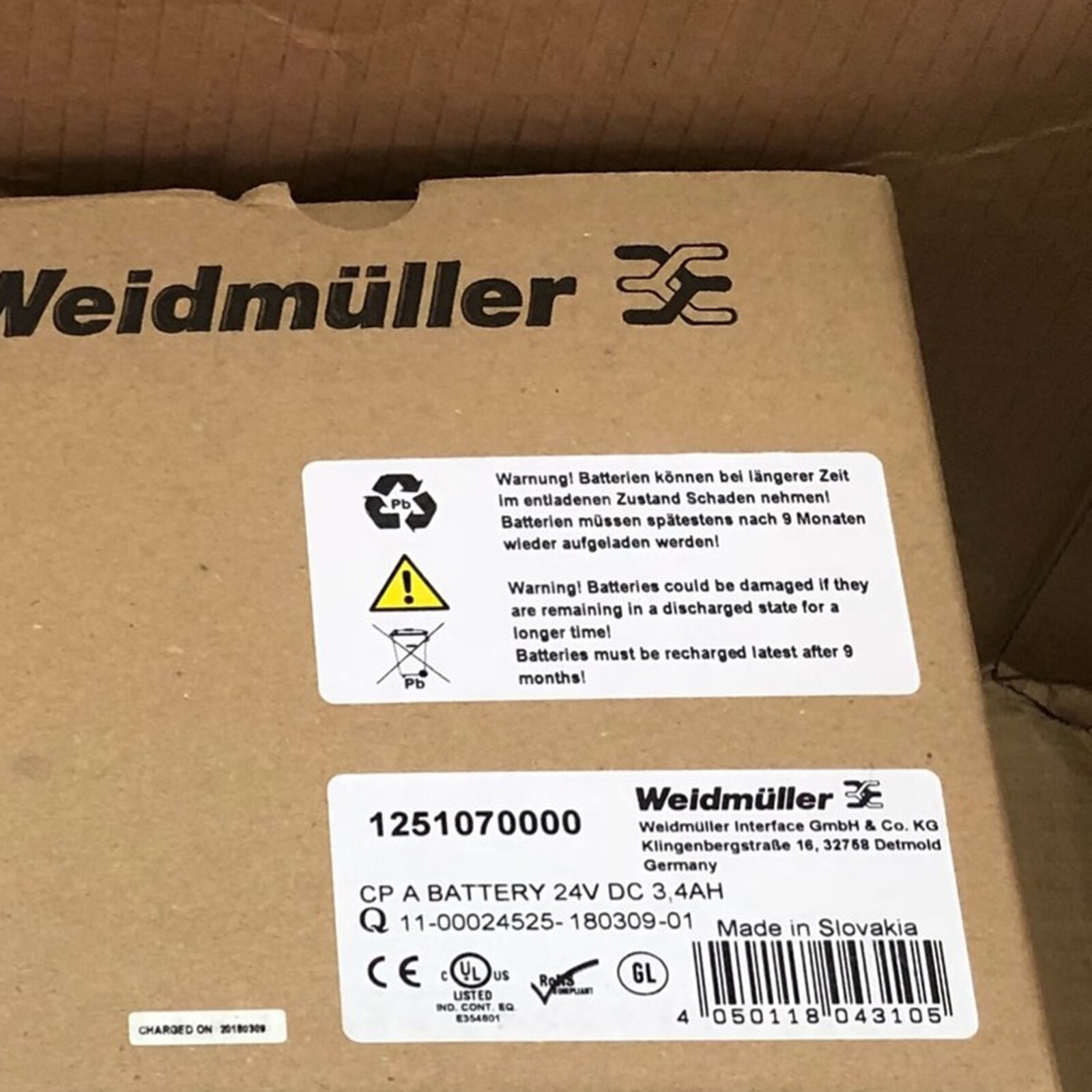 1pc New Weidmuller CP A BATTERY 24V DC3.4AH 1251070000