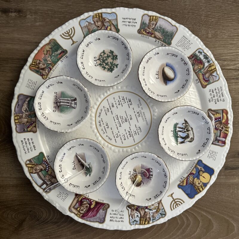 Vtg Passover Sedar Porcelain Plate Judaica Made in Israel 16 1/2"  w/Bowls CHIPS