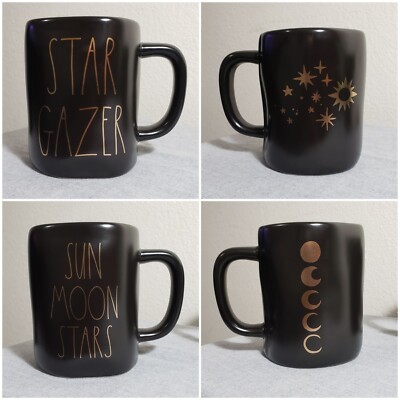 Set of 2 Mugs - NEW Rae Dunn ''Sun Moon Stars'' ''Star Gazer'' Black w/Gold Letters