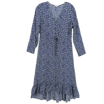 RAILS Jade Navy Ditsy Floral Midi Shirt Dress Hi Lo Tiered Ruffle Hem Size SMALL
