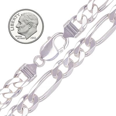 Pre-owned Link 925 Sterling Silver Solid Figaro  Chain Necklace 9mm 20" 47.6grams