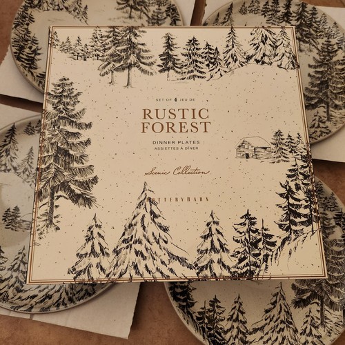NEW S/4 Pottery Barn Rustic Forest Winter DINNER Round Plate deer stag CABIN