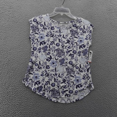 Tahari Womens Floral Print Cap Sleeve Curved Hem Linen Top White Blue NEW