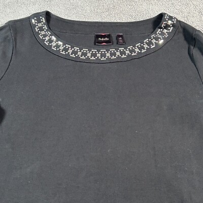 Rafaella Womens Top Large Black Beaded Neckline 100% Cotton Long Sleeve