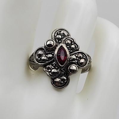 Avon Faux Marcasite Filigree Cocktail Ring Silver Tone Red Stone Size 8.75