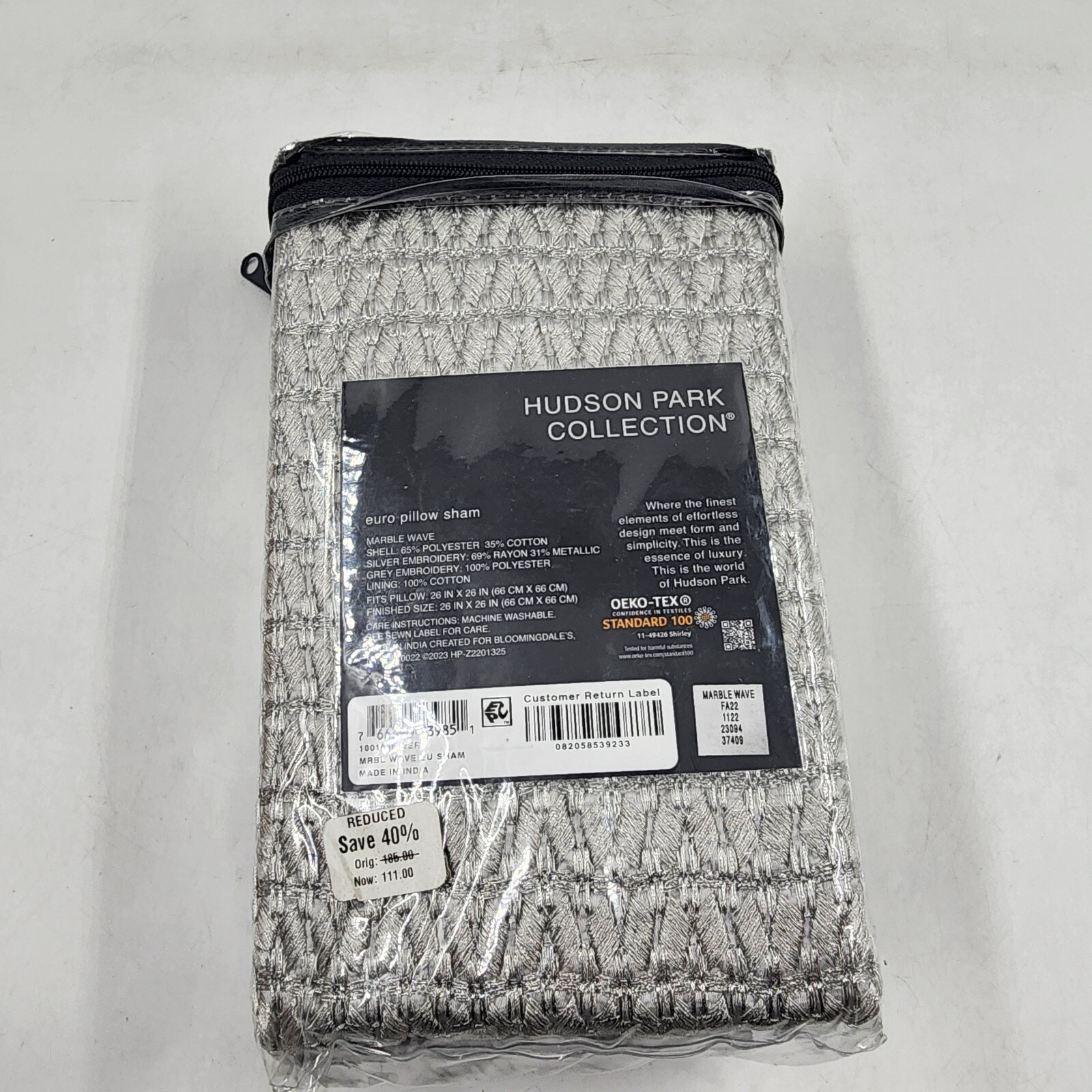 Hudson Park Collection Marble Wave Euro Pillow Sham 26 x 26in Silver Zip Closure - Picture 14 of 15