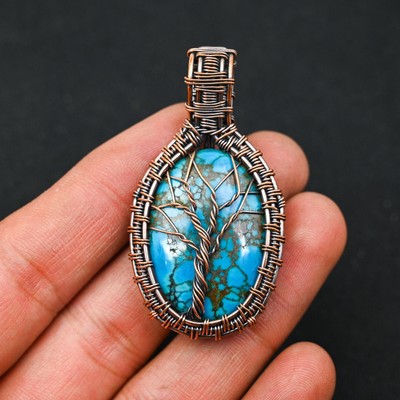 Tree Of Life Turquoise Copper Wire Wrapped Handmade Designer Pendant Jewelry