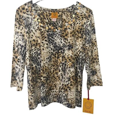Ruby Rd. Top Womens Large Leopard Animal Print Sequined 3/4 Sleeve Tee T-Shirt