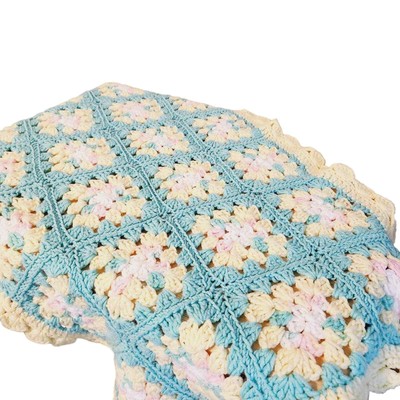 Vintage handmade yellow mint green small square crochet afghan baby blanket