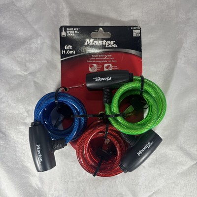 Master Lock 8127TRI Keyed Cable Locks Green Blue Red 6ft X 5/16'', Pack Of 3