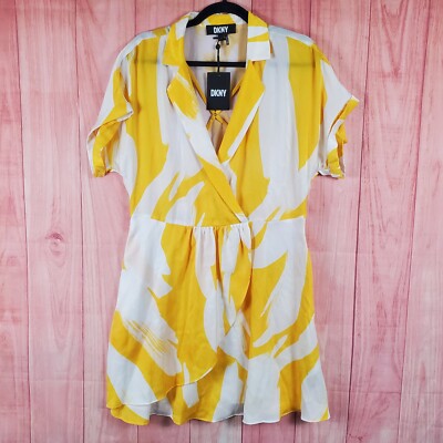 DKNY Womens Short Sleeve Midi Dress Size Large NEW NWT Yellow White
