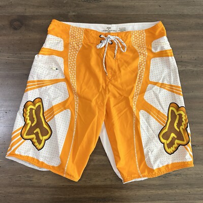 Fox Racing Board Shorts Mens 36 Orange White Swim Trunks Logo Surf Beach Pool