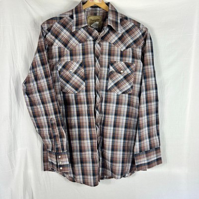 Wrangler Long Sleeve Pearl Snap Western Shirt Mens Large Blue Brown Plaid