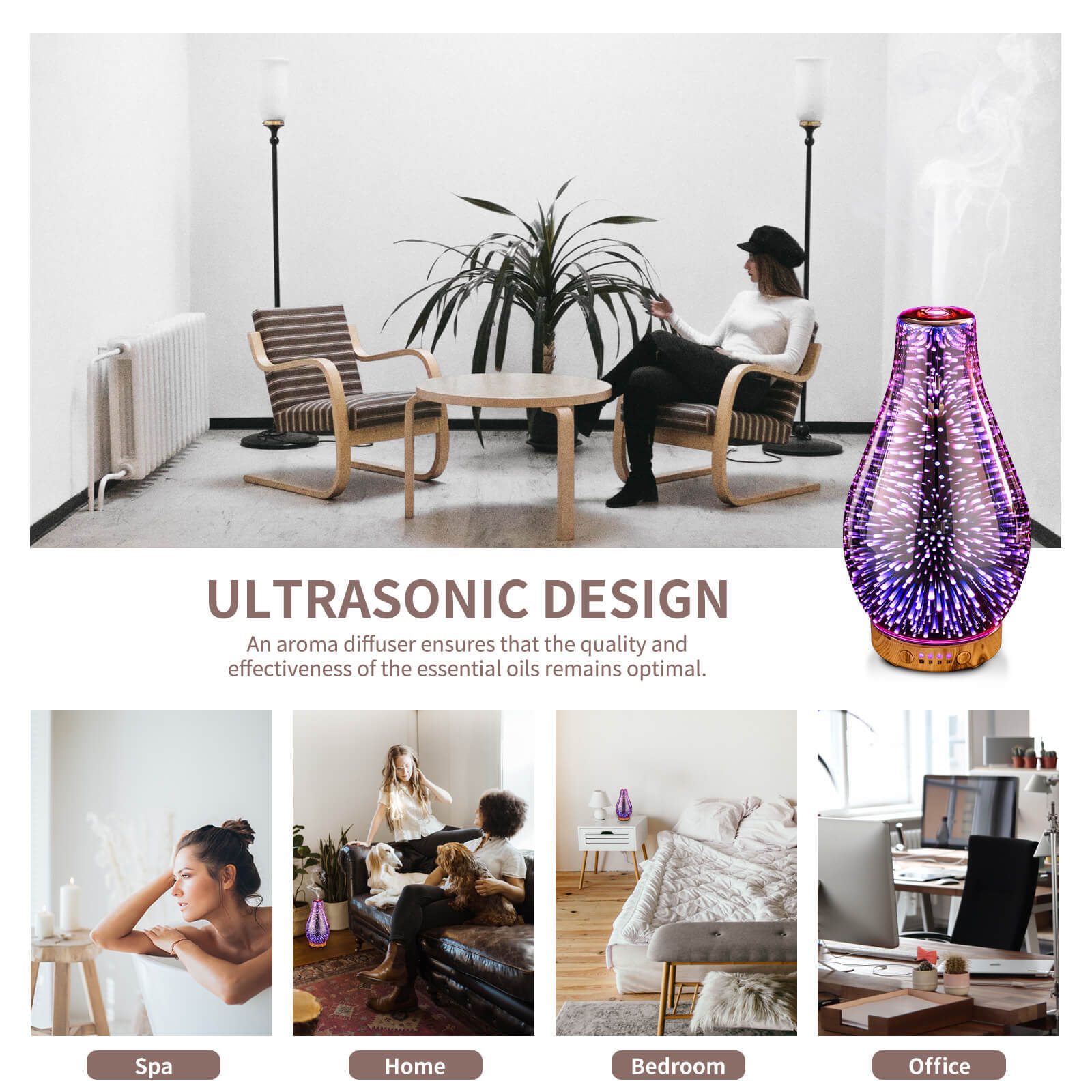 Porseme 100ml Essential Oil Ultrasonic Diffuser 3D Handmade Glass Rosegold Gift
