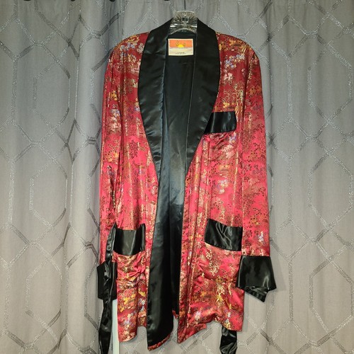 Vintage 60s Oriental Brand Asian Red Satin Brocade Smoking