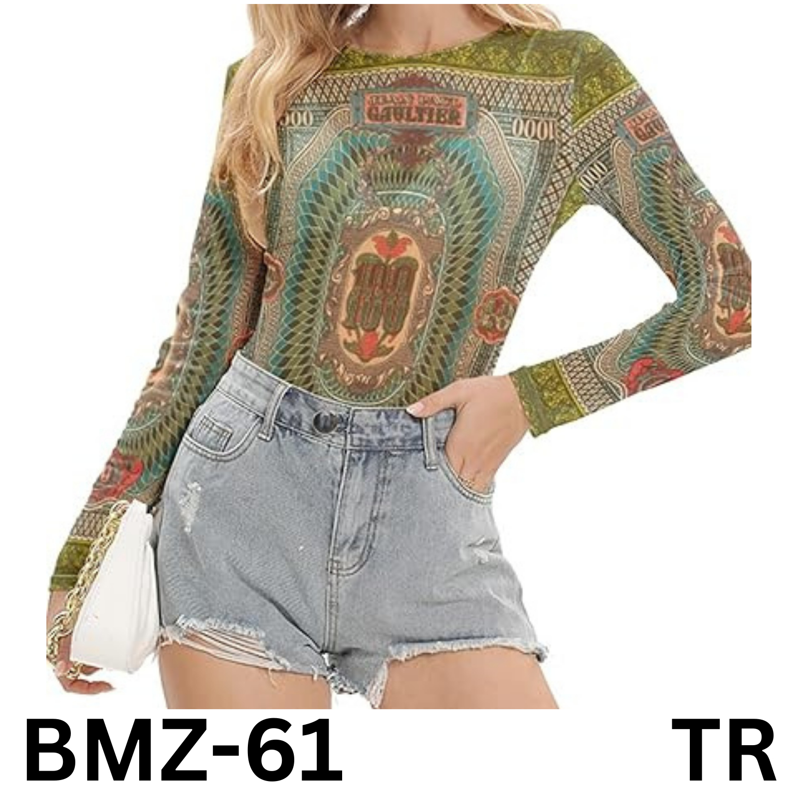 Kasopp Women's Summer Mesh Printed Crop Top Shirt Long-Sleeved Slim T-Shirts, M