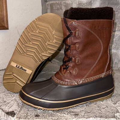 New LL Bean 299622 Brown Leather Waterproof Faux Fur Duck Boots 10 Womens