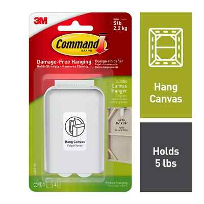 Command Jumbo Canvas Hangers, Indoor Use, White, 1 Wall Hanger, 4 Strips