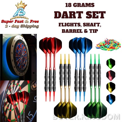 Dart Set With Flights 18 Grams Aluminum Slim Shafts And Plastic Soft Tip 12-Pack