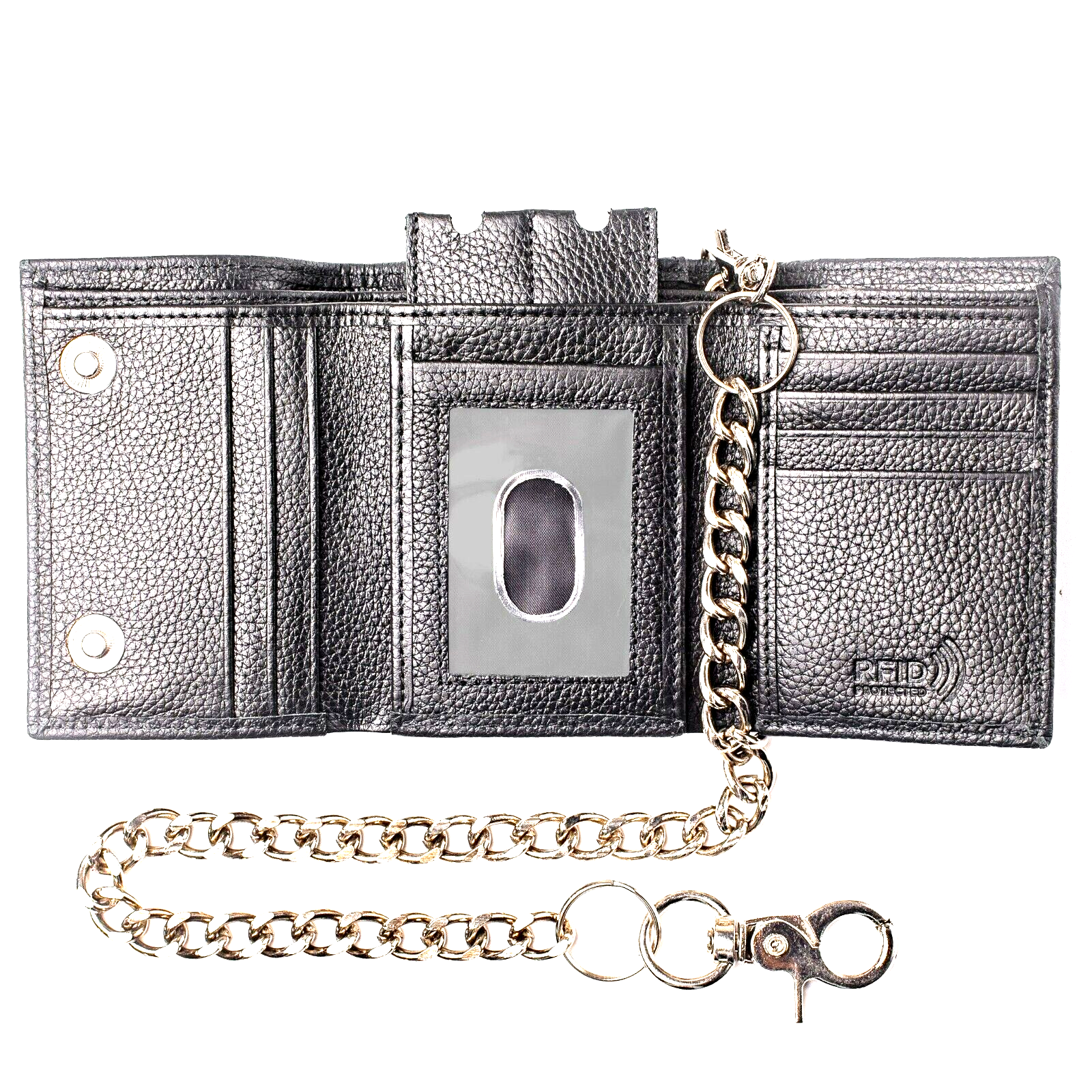 RFID Safe Genuine Leather Trifold Chain Wallet for Men Biker Snaps Purse J112