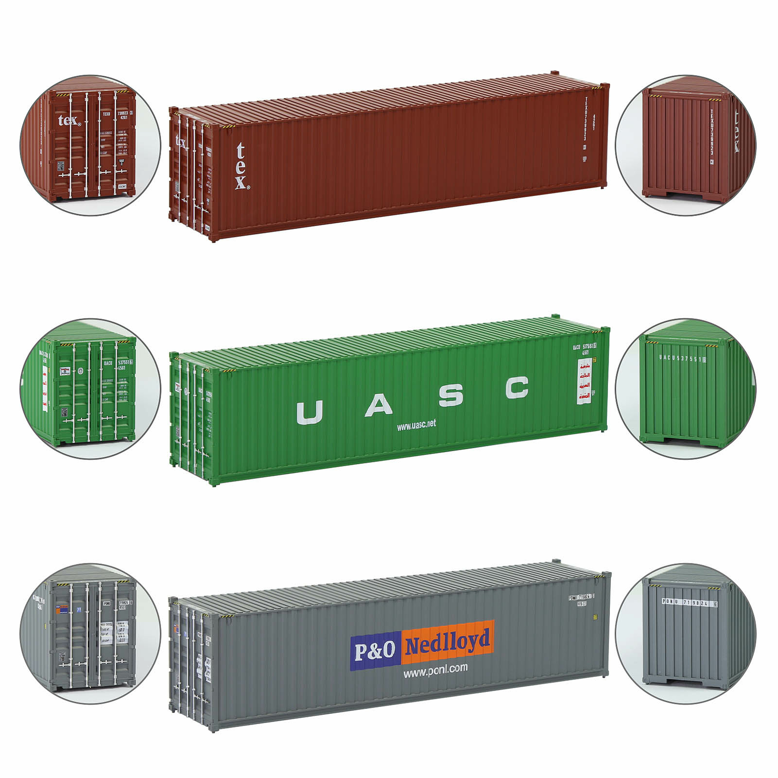 3pcs HO Scale 1:87 40ft Shipping Containers 40' Cargo Box Mixed Brands Lot C8746
