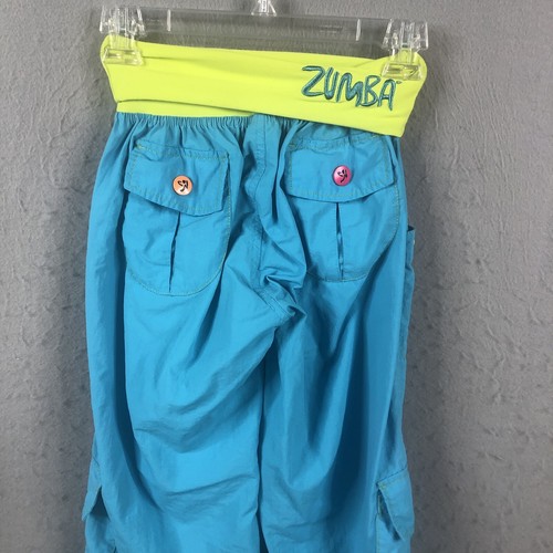 Zumba Fitness Pants Womens Small Blue Lime Green Cargo Foldover Spell Out Y2K