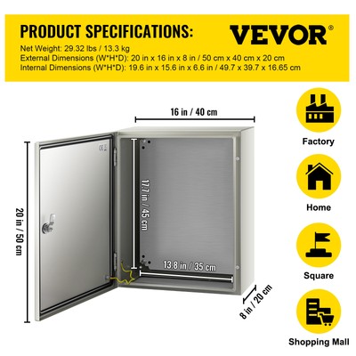 VEVOR 20x16x8'' Carbon Steel Electrical Enclosure IP65 Wall Mount Junction Box