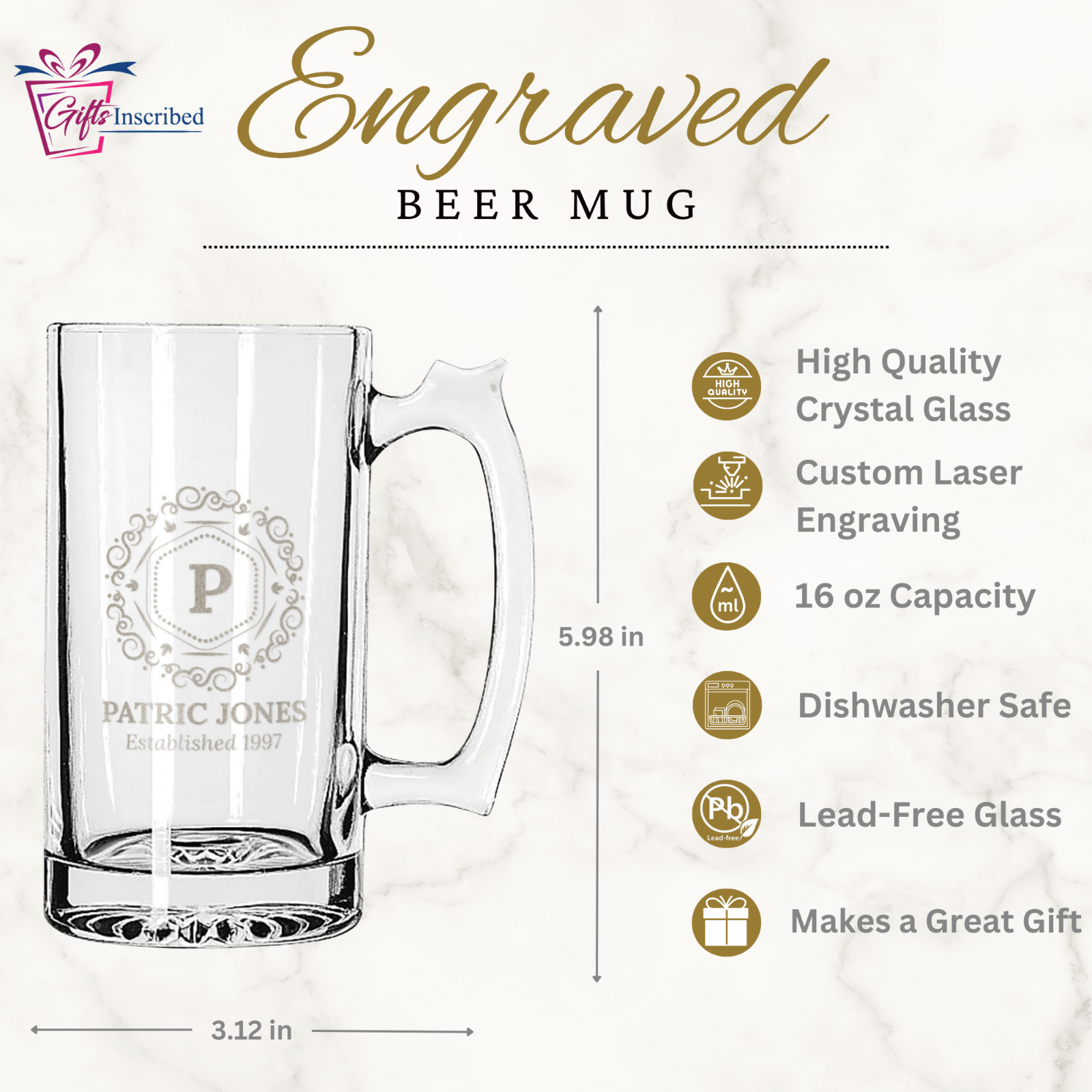 Custom Glass Beer Mug - 16 oz Beer Glass - Engraved Beer Cup Beer Gifts for Men