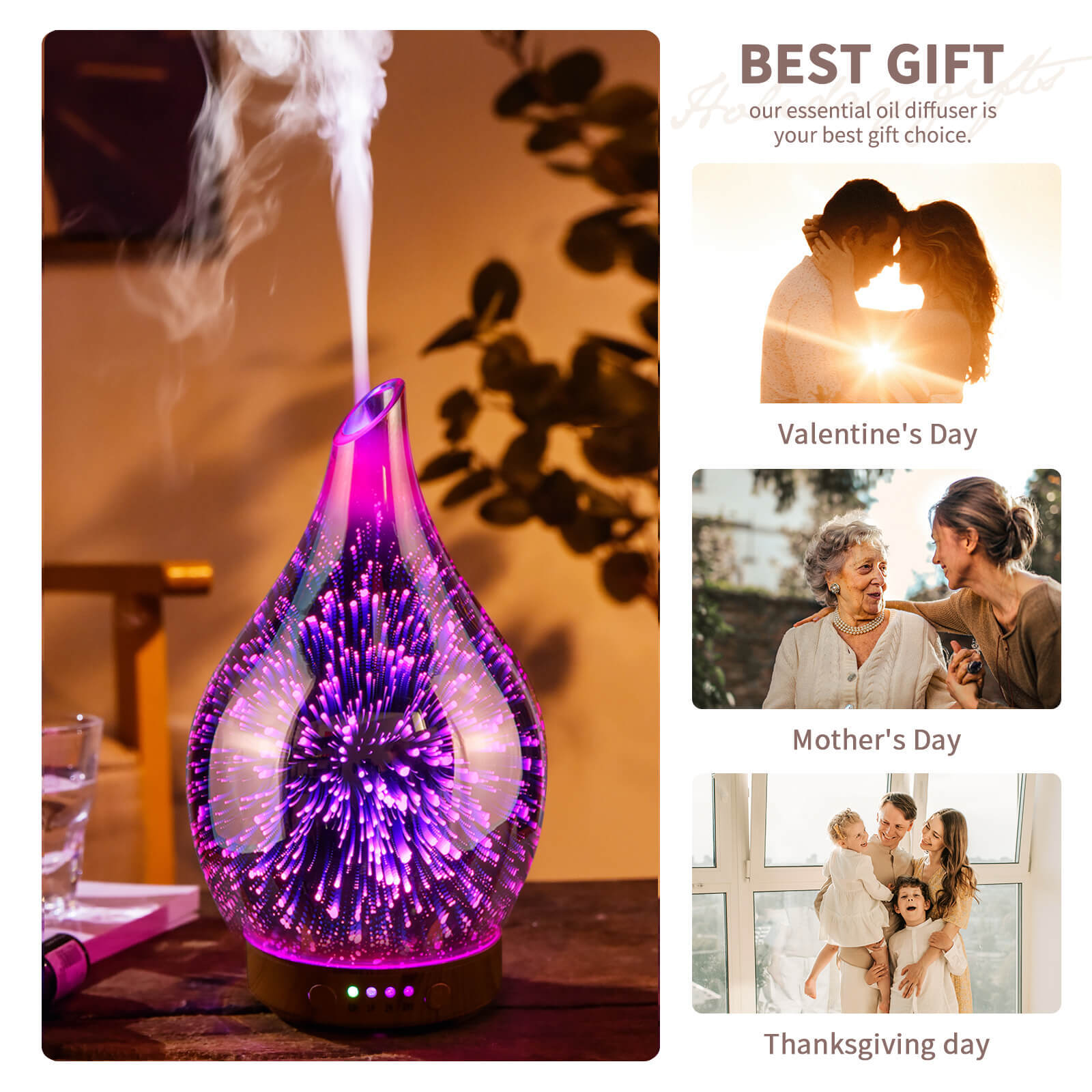 100ML Essential Oil Diffuser 3D Firework Glass Aromatherapy Ultrasonic Rose Gold