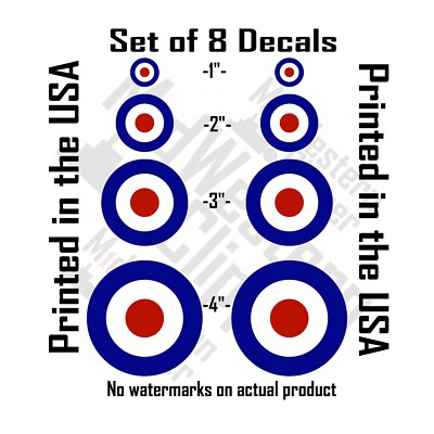 8 RAF Type D UK Roundel decal stickers 2x 1'' 2'' 3'' 4'' included