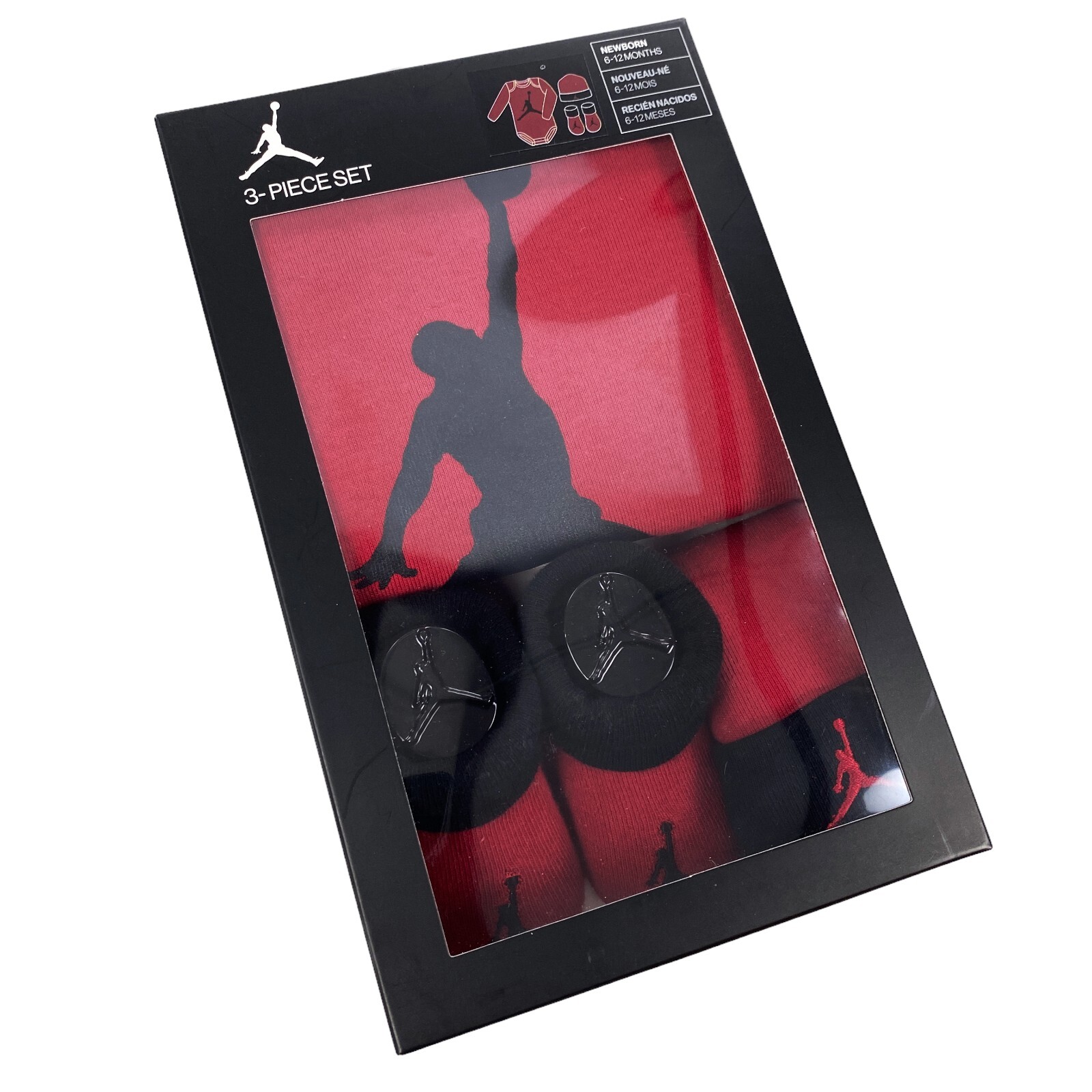 

Боди, шапка и пинетки Nike Air Jordan из трех частей для новорожденных (6–12 месяцев) MJ0263, Красный