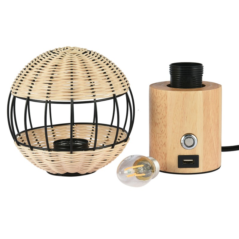 Table Lamp Woven Bedside Light USB Interface Fabric Cover Rubber Wood Bamboo USA