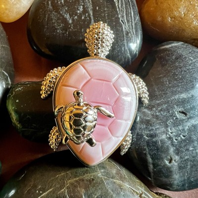 Rhodium Plated Sterling Silver And Pink Conch Sea Turtle Pendant