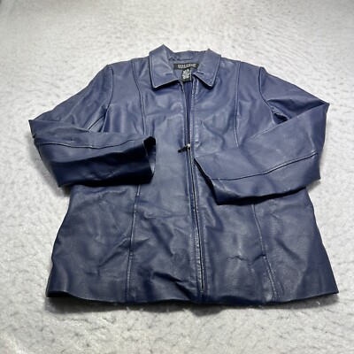 Dialogue Leather Jacket Womens Navy Collared Long Sleeve Front Pockets Medium