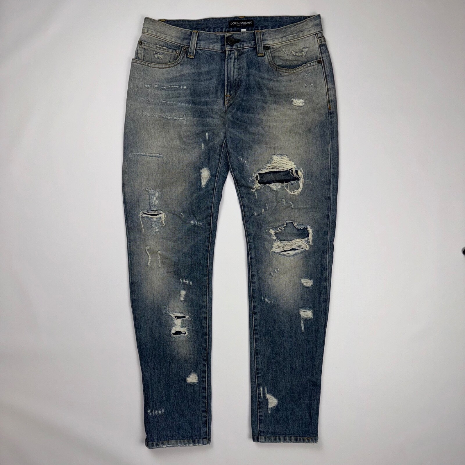 DOLCE & GABBANA LIGHT BLUE DISTRESSED COTTON ZIP FLY JEANS