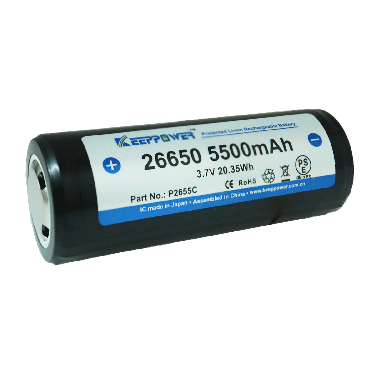 KeepPower 26650 5500mAh Protected High Discharge rechargeable battery.