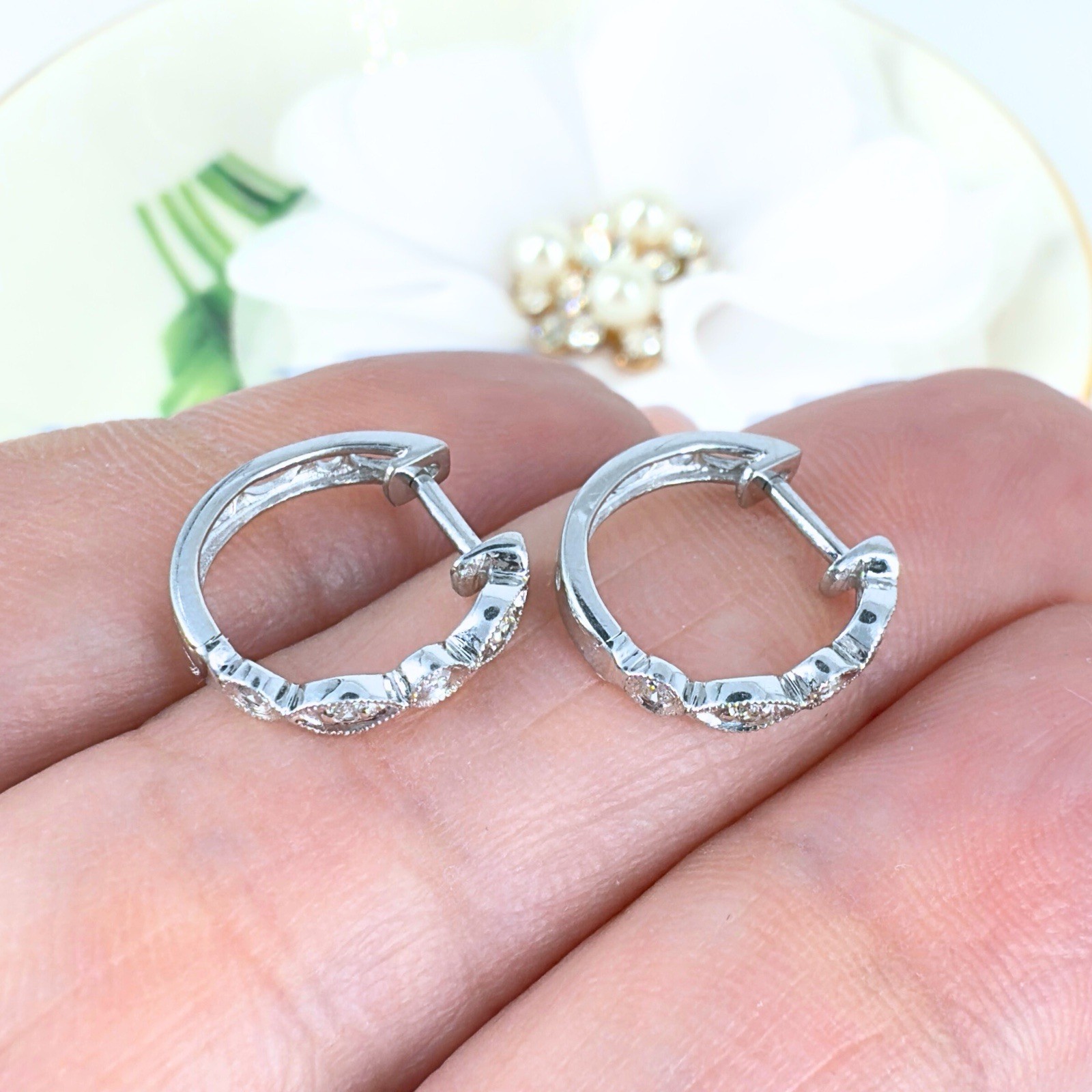14k White Gold Genuine Diamond Huggie Hoop Earrings, New - Picture 10 of 14