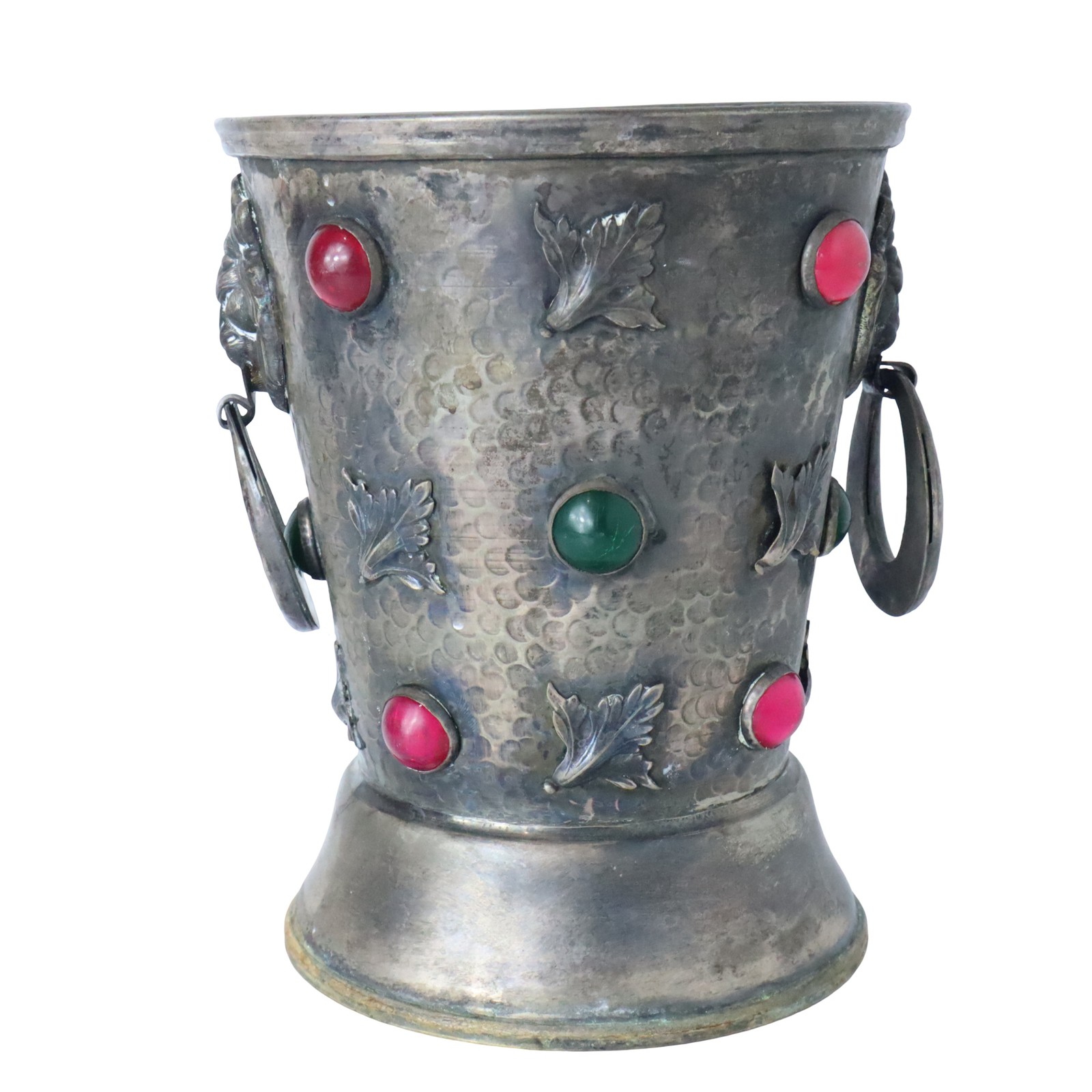 Antique Fergaspi Hammered Silver Plate Vase Lion Head Handles Cabochon Jeweled