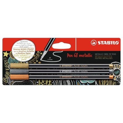 Premium Metallic Fibre-Tip Pen - STABILO Pen 68 metallic - Pack of 3 - Gold, Sil